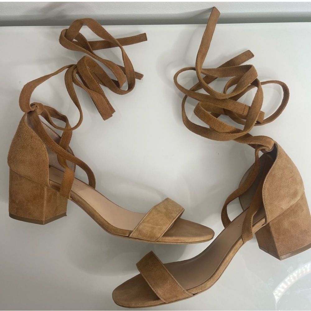 Tony Bianco Camel Brown Sued Ankle Wrap Block Heel Sandals